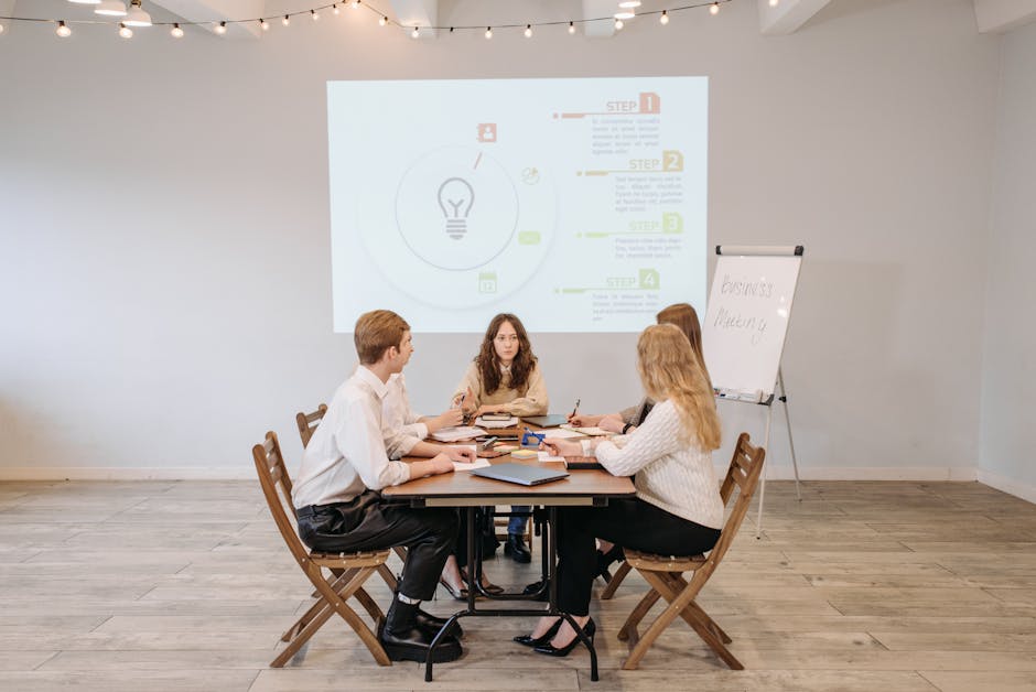 Team collaborating on a strategic plan in a modern office